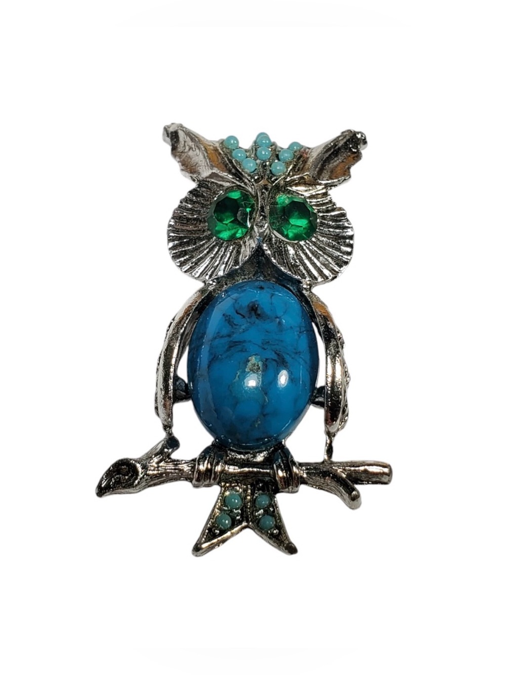 🩷 3/$25 Vintage Faux Turquoise Owl Brooch Silver Tone Rhinestone Pin